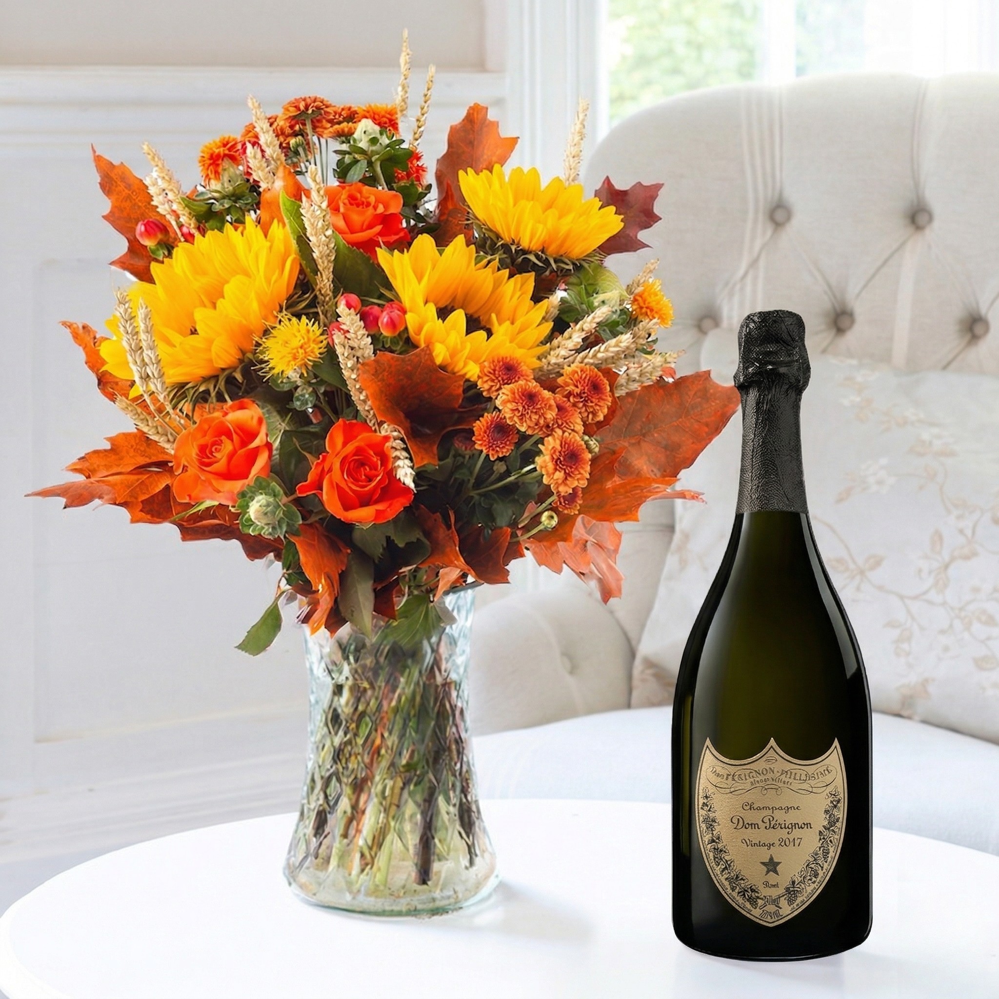 Flower Gift Set - Pumpkin Pie & Dom Perignon - Orange - Chrysanthemum & Roses - Next Day Flower & Gift Delivery UK - Appleyard London