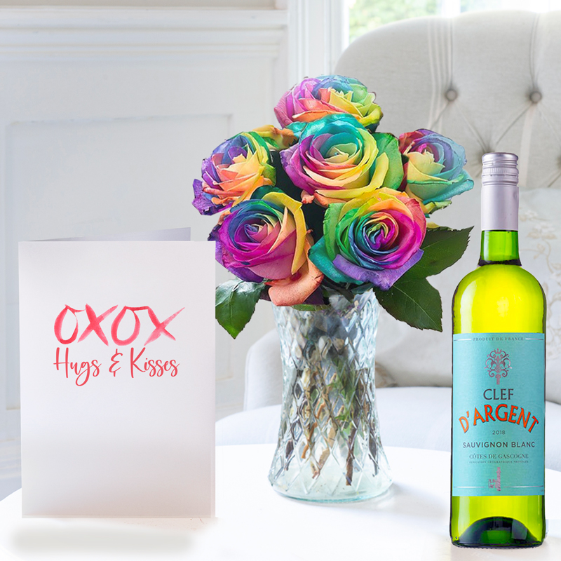 Romance Flower Gift Set - Rainbow Roses, Clef D'Argent Sauvignon Blanc & Romance Card - Next Day Flower & Gift Delivery UK - Appleyard London