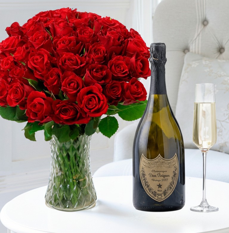 Flower Gift Set - 50 Red Roses & Dom Perignon - Next Day Flower & Gift Delivery UK - Appleyard London