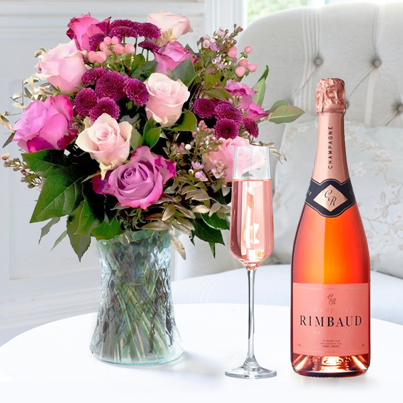 Flower Gift Set - Pink & Lilac Rose Bouquet & Champagne Rimbaud Brut Rosé - Chrysanthemum & Roses - Next Day Flower & Gift Delivery UK - Appleyard