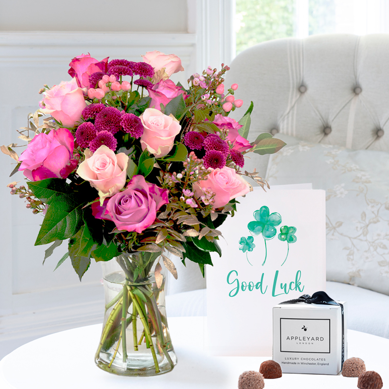 Flower Gift Set Good Luck - Pink & Lilac Rose Bouquet, 6 Mixed Truffles & Card - Pink - Roses & Chrysanthemum - Next Day Flower & Gift Delivery UK -