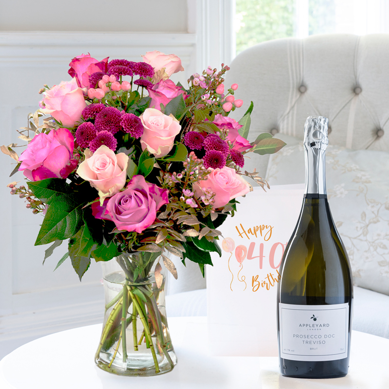 40th Birthday Gift Flower Gift Set - Pink & Lilac Rose Bouquet, Appleyard Prosecco & Birthday Card - Pink - Roses & Chrysanthemum - Next Day Flower &