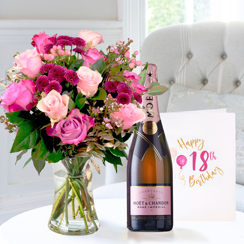 18th Birthday Gift Flower Gift Set - Pink & Lilac Rose Bouquet, Moët Rosé & Birthday Card - Pink - Roses & Chrysanthemum - Next Day Flower & Gift