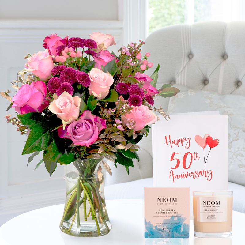 50th Anniversary Gift Flower Gift Set - Pink & Lilac Rose Bouquet, NEOM Luxury Candle Anniversary Card - Pink - Chrysanthemum & Roses - Next Day