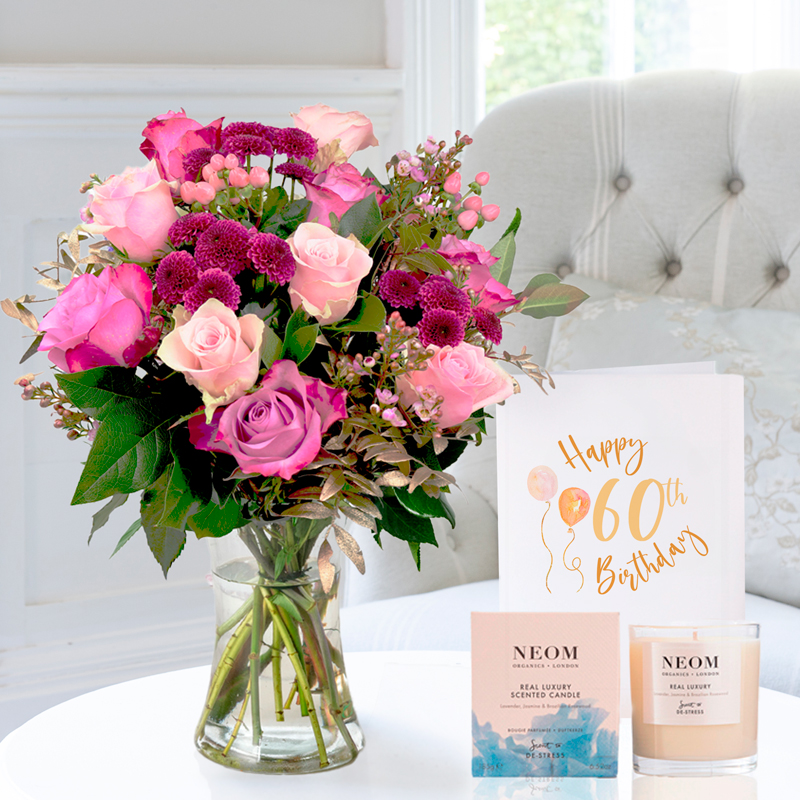 60th Birthday Gift Flower Gift Set - Pink & Lilac Rose Bouquet, NEOM Real Luxury Candle & Birthday Card - Pink - Roses & Chrysanthemum - Next Day