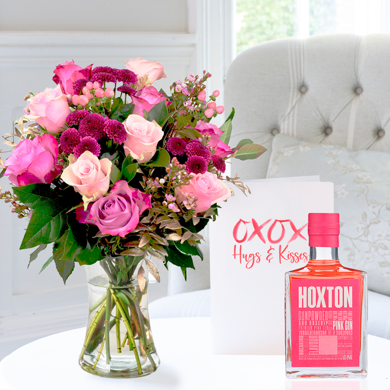 Romance Flower Gift Set - Pink & Lilac Rose Bouquet, Pink Gin & Romance Card - Roses & Chrysanthemum - Next Day Flower & Gift Delivery UK - Appleyard