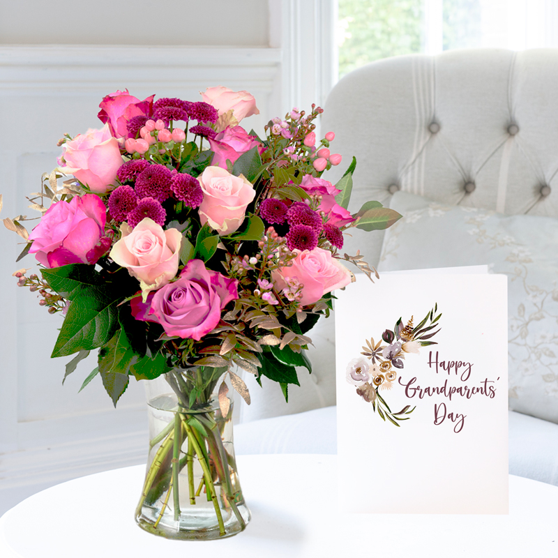Flower Gift Set Grandparents - Pink & Lilac Rose Bouquet, Vase & Card - Pink - Roses & Chrysanthemum - Next Day Flower & Gift Delivery UK - Appleyard