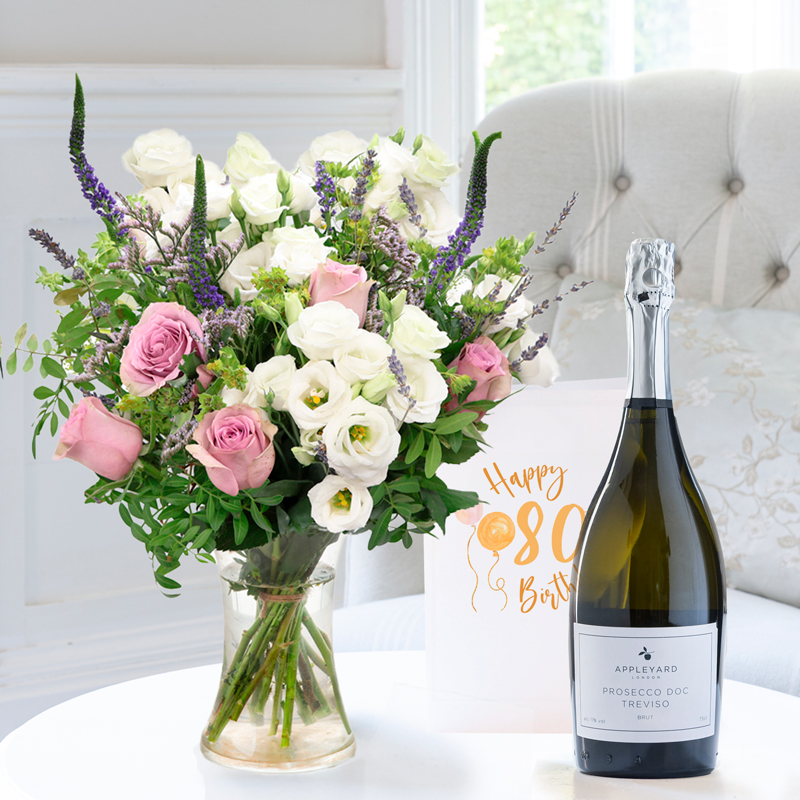 80th Birthday Gift Flower Gift Set - Scented Lavender, Appleyard Prosecco & Birthday Card - Bupleurum & Hard Ruscus - Next Day Flower & Gift Delivery