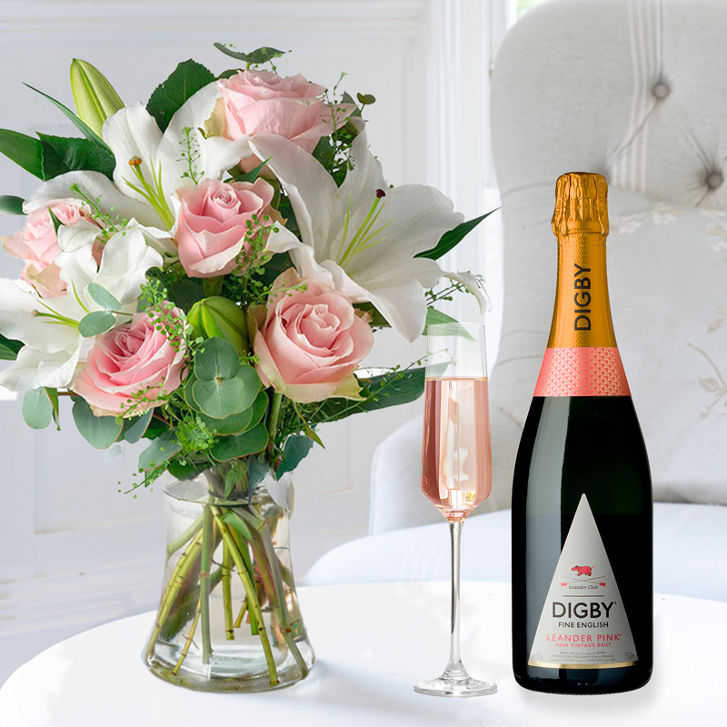 Flower Gift Set - Simply Pink Rose & Lily & Digby Fine English Leander Pink Brut - Eucalyptus & Lilies - Next Day Flower & Gift Delivery UK