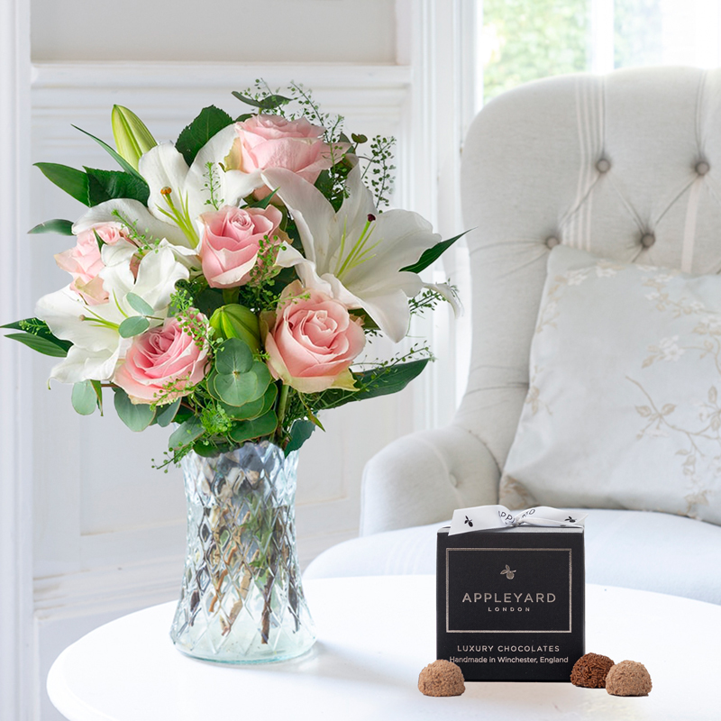 Flower Gift Set - Simply Pink Rose & Lily & 12 Mixed Truffles - Roses & Lilies - Next Day Flower & Gift Delivery UK - Appleyard London