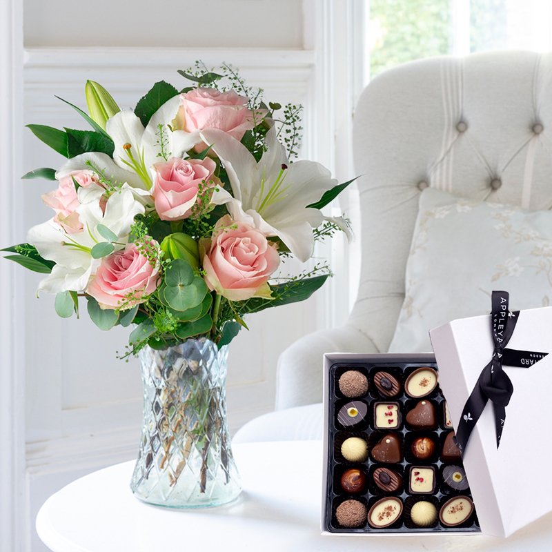 Flower Gift Set - Simply Pink Rose & Lily & 25 Chocolates - Roses & Lilies - Next Day Flower & Gift Delivery UK - Appleyard London