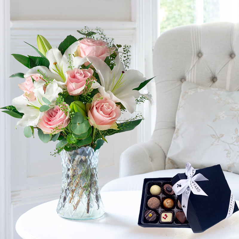 Flower Gift Set - Simply Pink Rose & Lily & 9 Chocolates - Roses & Lilies - Next Day Flower & Gift Delivery UK - Appleyard London