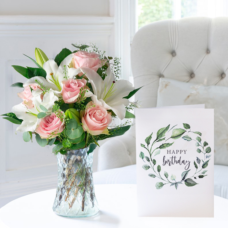 Birthday Flower Gift Set - Simply Pink Rose & Lily & Birthday Card - Eucalyptus & Lilies - Next Day Flower & Gift Delivery UK - Appleyard London