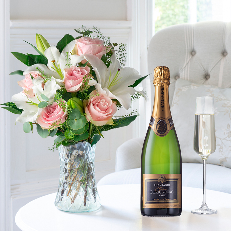 Flower Gift Set - Simply Pink Rose & Lily & Champagne Dericbourg - Roses & Lilies - Next Day Flower & Gift Delivery UK - Appleyard London