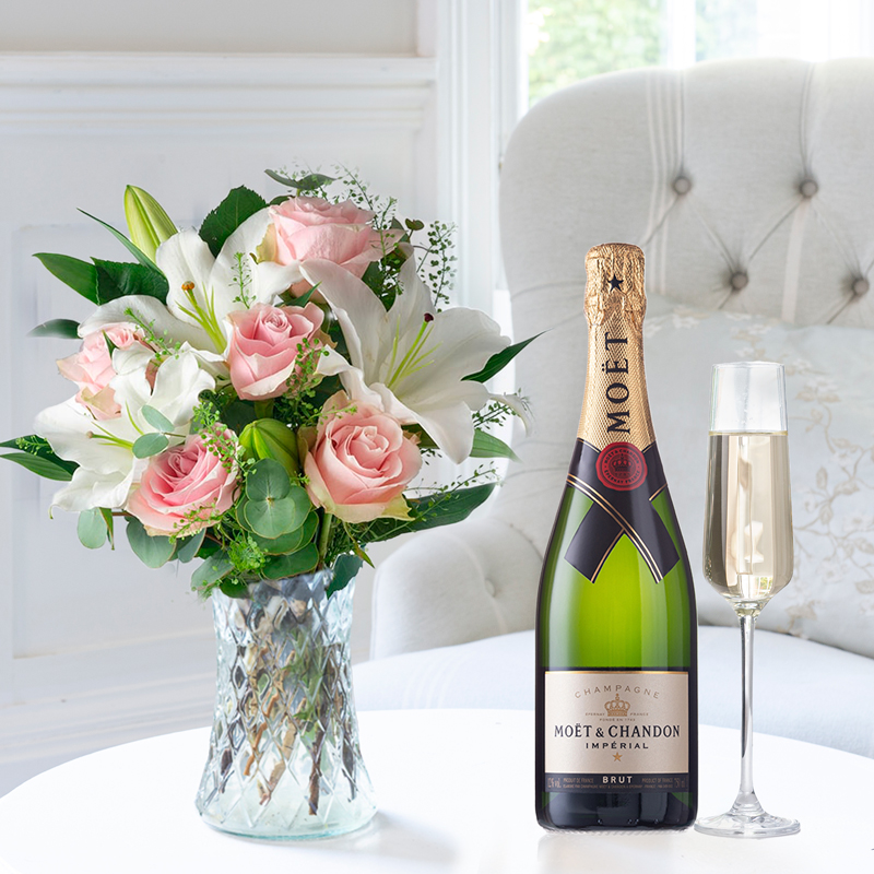Flower Gift Set - Simply Pink Rose & Lily & Moët & Chandon - Roses & Lilies - Next Day Flower & Gift Delivery UK - Appleyard London