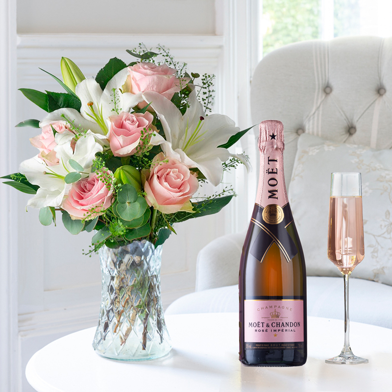 Flower Gift Set - Simply Pink Rose & Lily & Moët Rosé - Roses & Lilies - Next Day Flower & Gift Delivery UK - Appleyard London