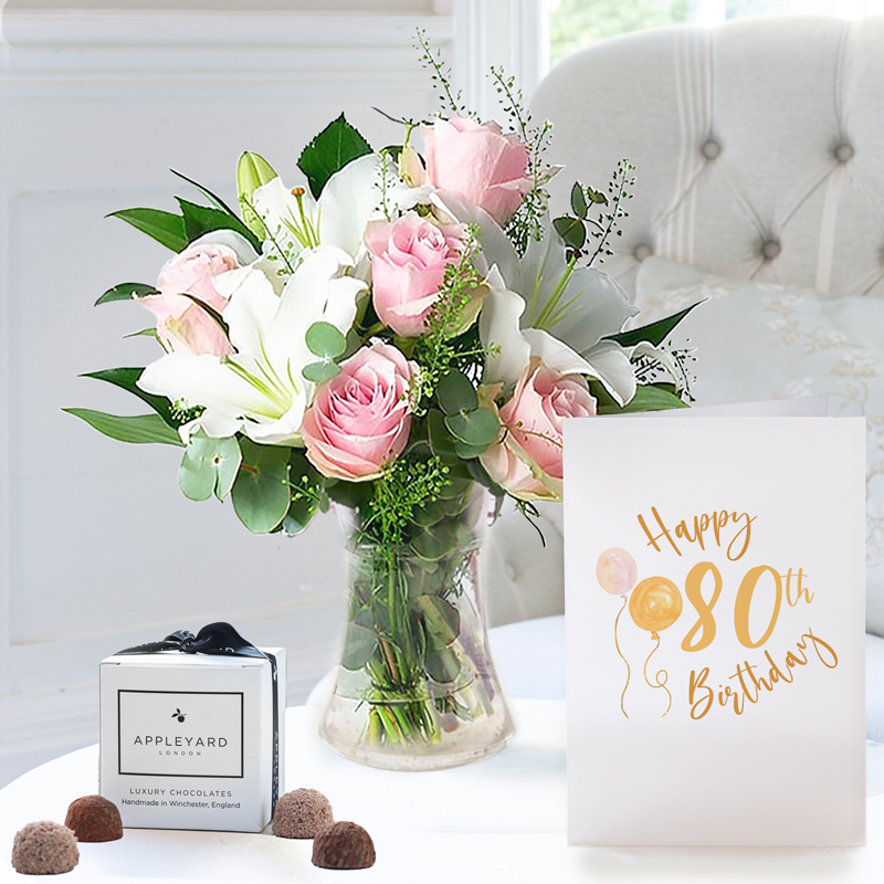 80th Birthday Gift Flower Gift Set - Simply Pink Rose & Lily, 6 Mixed Truffles & Birthday Card - Roses & Lilies - Next Day Flower & Gift Delivery UK -