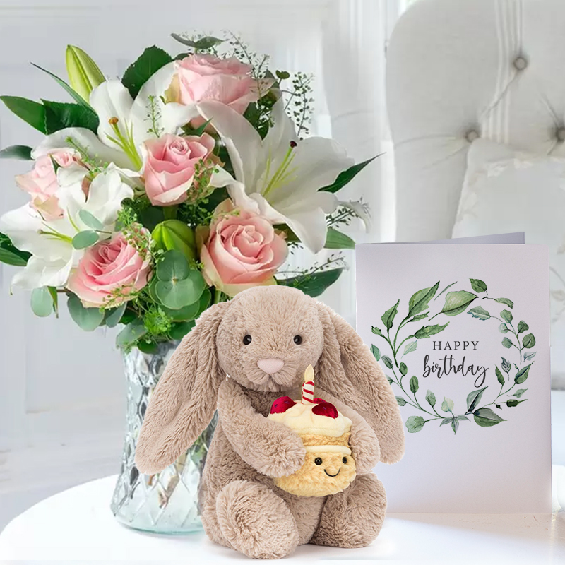 Birthday Flower Gift Set - Simply Pink Rose & Lily, Jellycat Birthday Bunny & Birthday Card - Roses & Lilies - Next Day Flower & Gift Delivery UK -