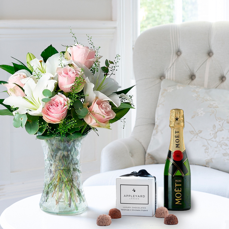Flower Gift Set - Simply Pink Rose & Lily, Mini Moët & 6 Mixed Truffles - Roses & Lilies - Next Day Flower & Gift Delivery UK - Appleyard London