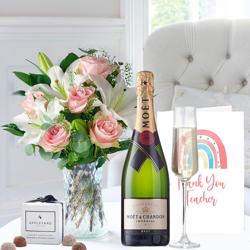 Flower Gift Set Thank You - Simply Pink Rose & Lily, Moët & Chandon, 6 Mixed Truffles & Card - Roses & Lilies - Next Day Flower & Gift
