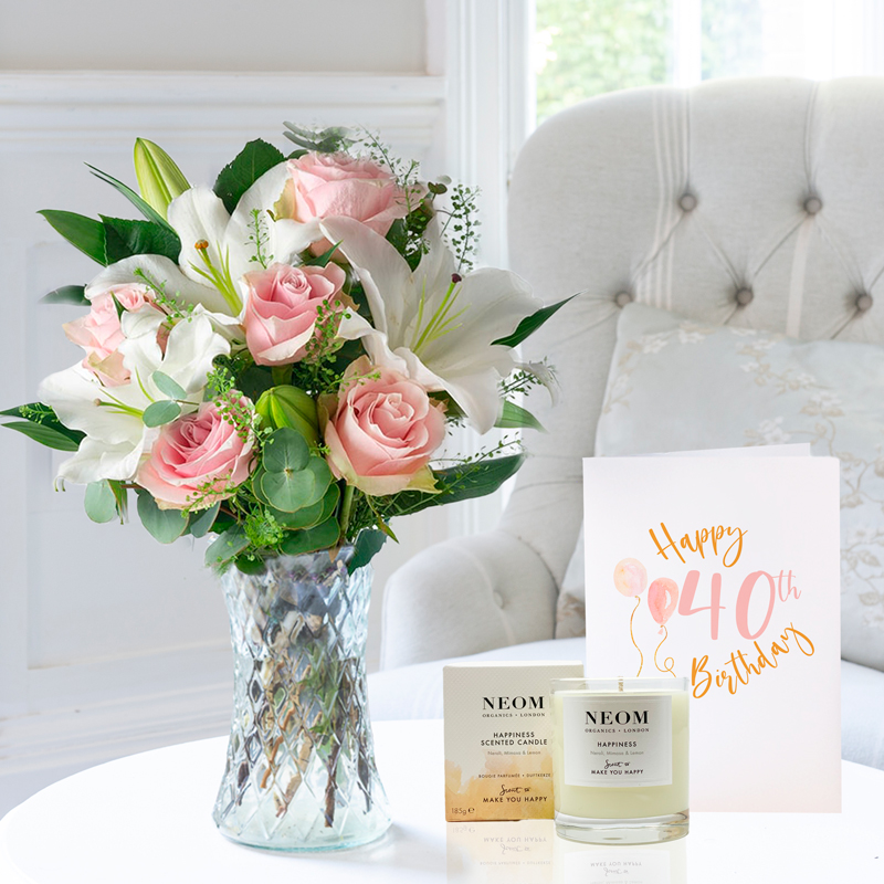 40th Birthday Gift Flower Gift Set - Simply Pink Rose & Lily, NEOM Happiness Candle & Birthday Card - Roses & Lilies - Next Day Flower & Gift Delivery