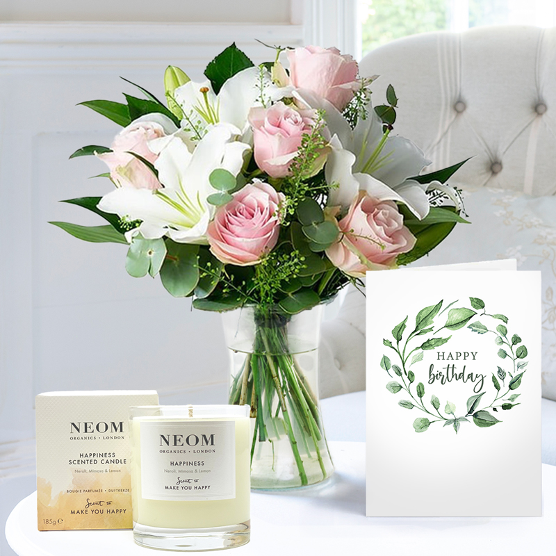 Birthday Flower Gift Set - Simply Pink Rose & Lily, NEOM Happiness Candle & Happy Birthday Card - Roses & Lilies - Next Day Flower & Gift Delivery UK
