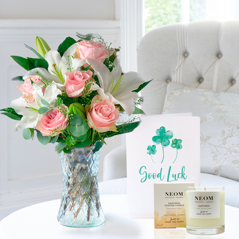 Flower Gift Set Good Luck - Simply Pink Rose & Lily, NEOM Happiness Candle & Card - Eucalyptus & Lilies - Next Day Flower & Gift Delivery UK