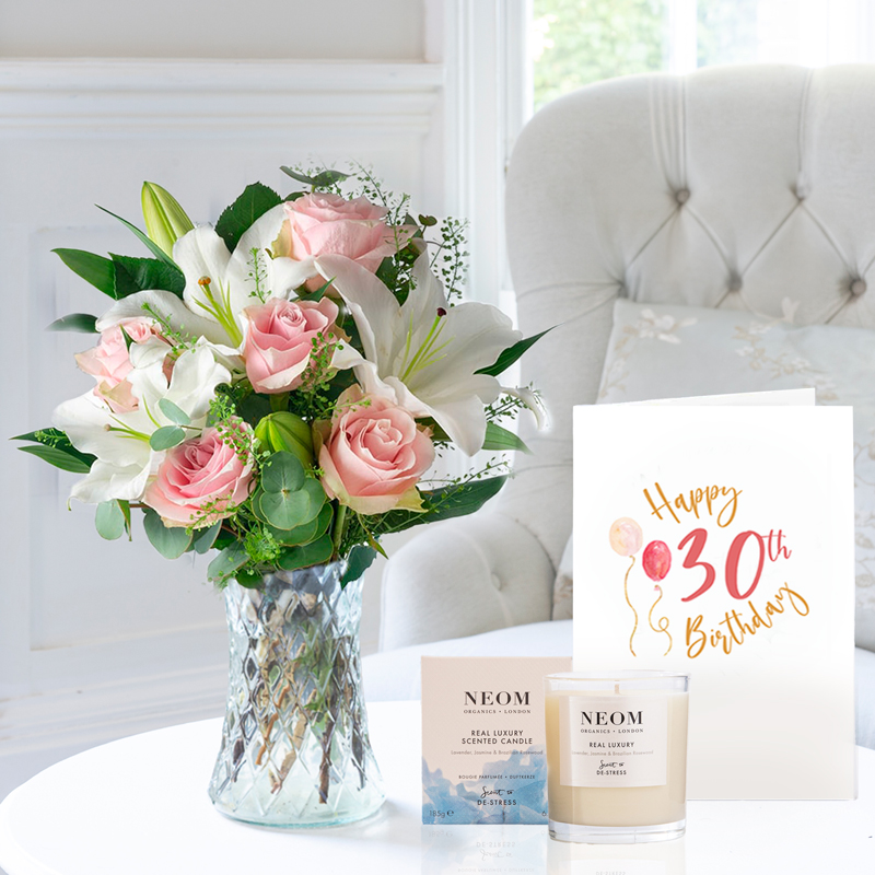 30th Birthday Gift Flower Gift Set - Simply Pink Rose & Lily, NEOM Real Luxury Candle & Birthday Card - Roses & Lilies - Next Day Flower & Gift