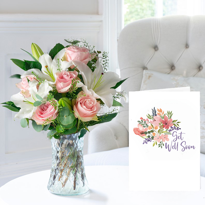 Flower Gift Set Get Well - Simply Pink Rose & Lily, Vase & Card - Roses & Lilies - Next Day Flower & Gift Delivery UK - Appleyard London