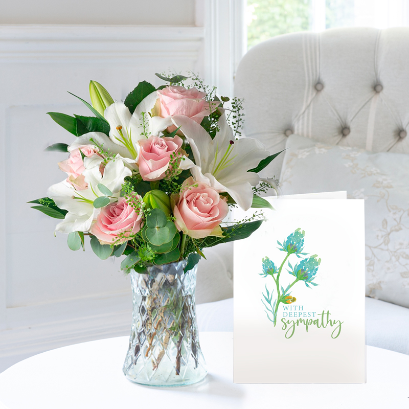 Sympathy Flower Gift Set - Simply Pink Rose & Lily, Vase & Sympathy Card - Roses & Lilies - Next Day Flower & Gift Delivery UK - Appleyard London