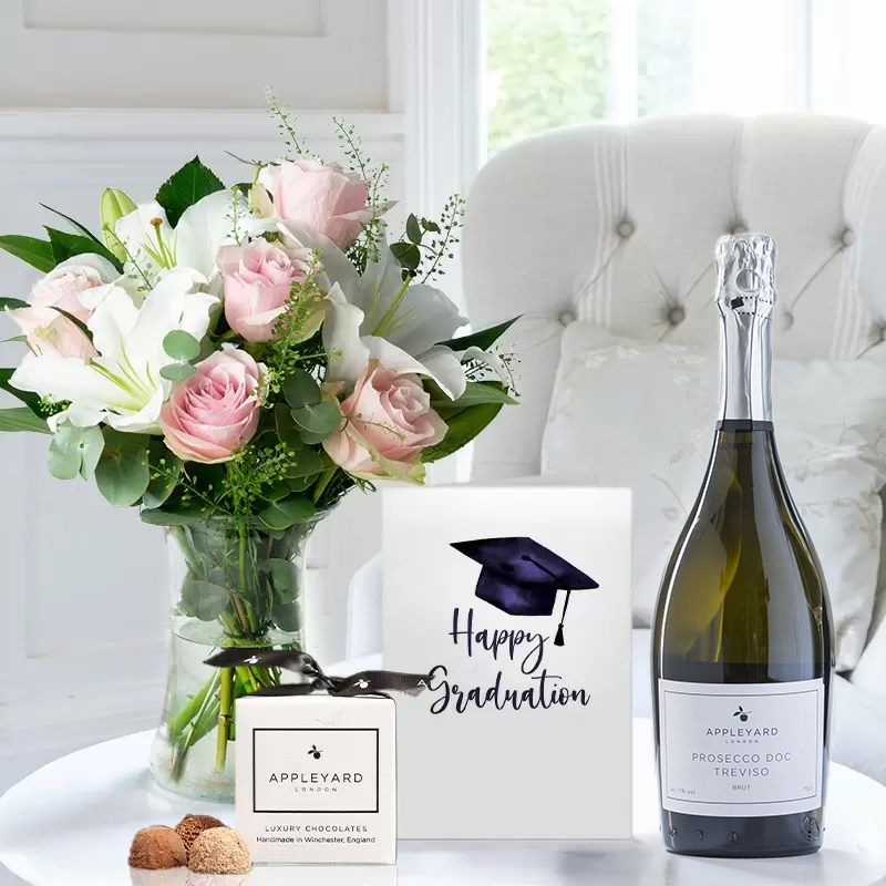 Flower Gift Set Graduation - Simply Pink Rose & Lily, Prosecco, 6 Mixed Truffles & Card - Roses & Lilies - Next Day Flower & Gift Delivery UK