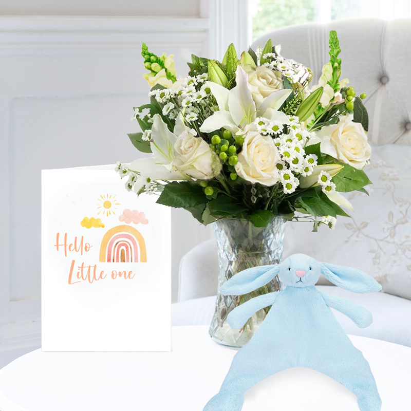 Flower Gift Set - Simply White Rose & Lily, Jellycat Blue Bunny Comforter & Hello Little One Card - Antirrhinum & Chrysanthemum - Next Day