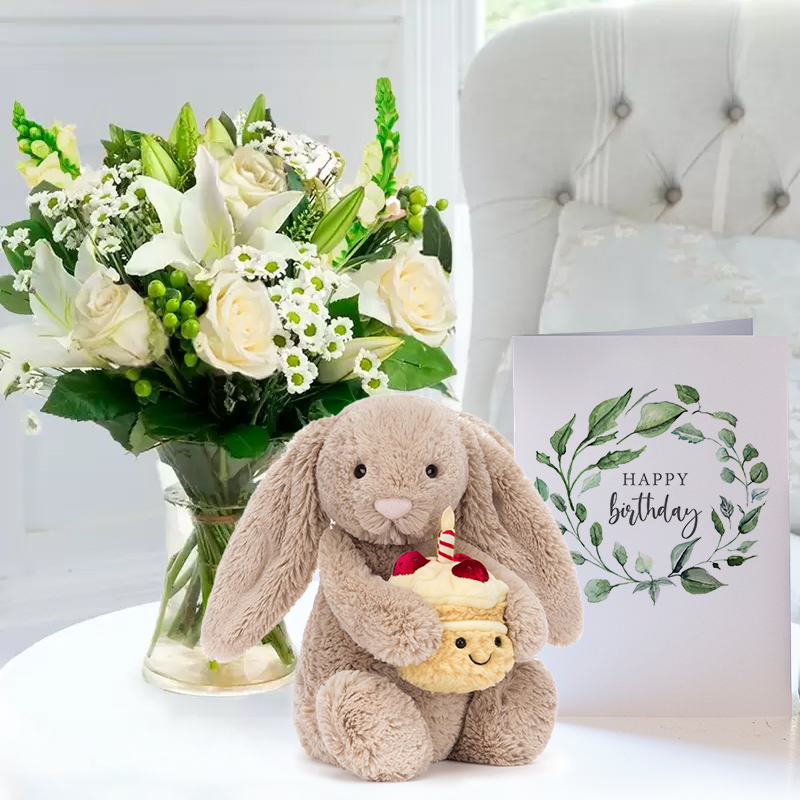 Birthday Flower Gift Set - Simply White Rose & Lily, Jellycat Birthday Bunny & Birthday Card - Antirrhinum & Chrysanthemum - Next Day Flower & Gift