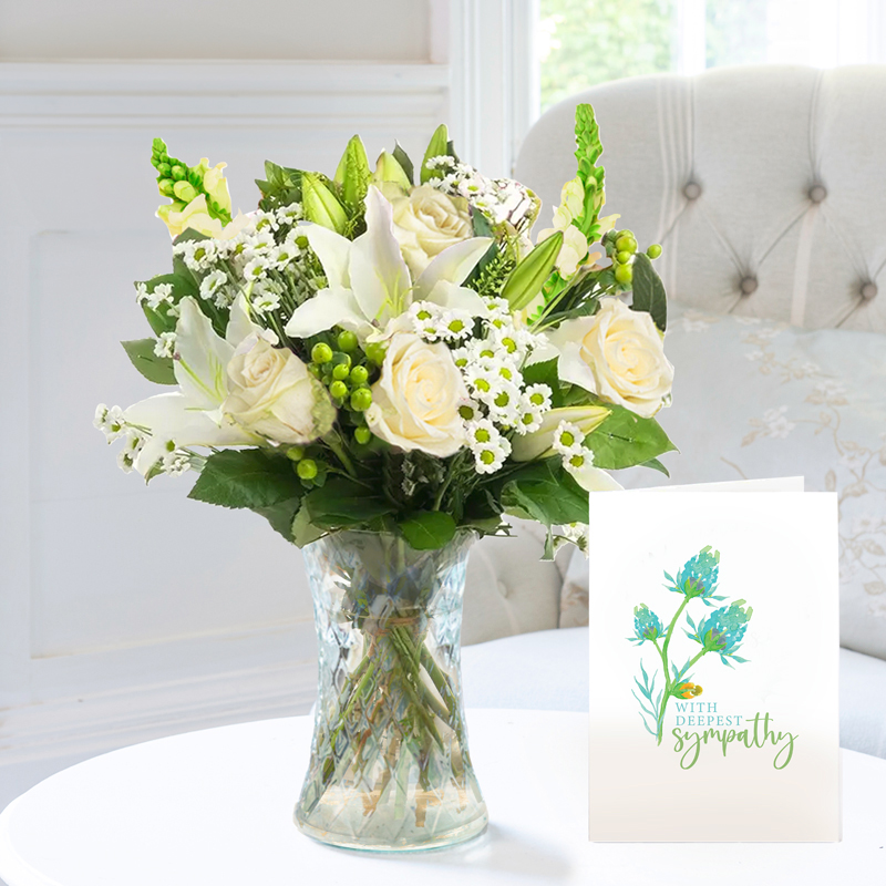 Sympathy Flower Gift Set - Simply White Rose & Lily, Vase & Sympathy Card - Roses & Lilies - Next Day Flower & Gift Delivery UK - Appleyard London