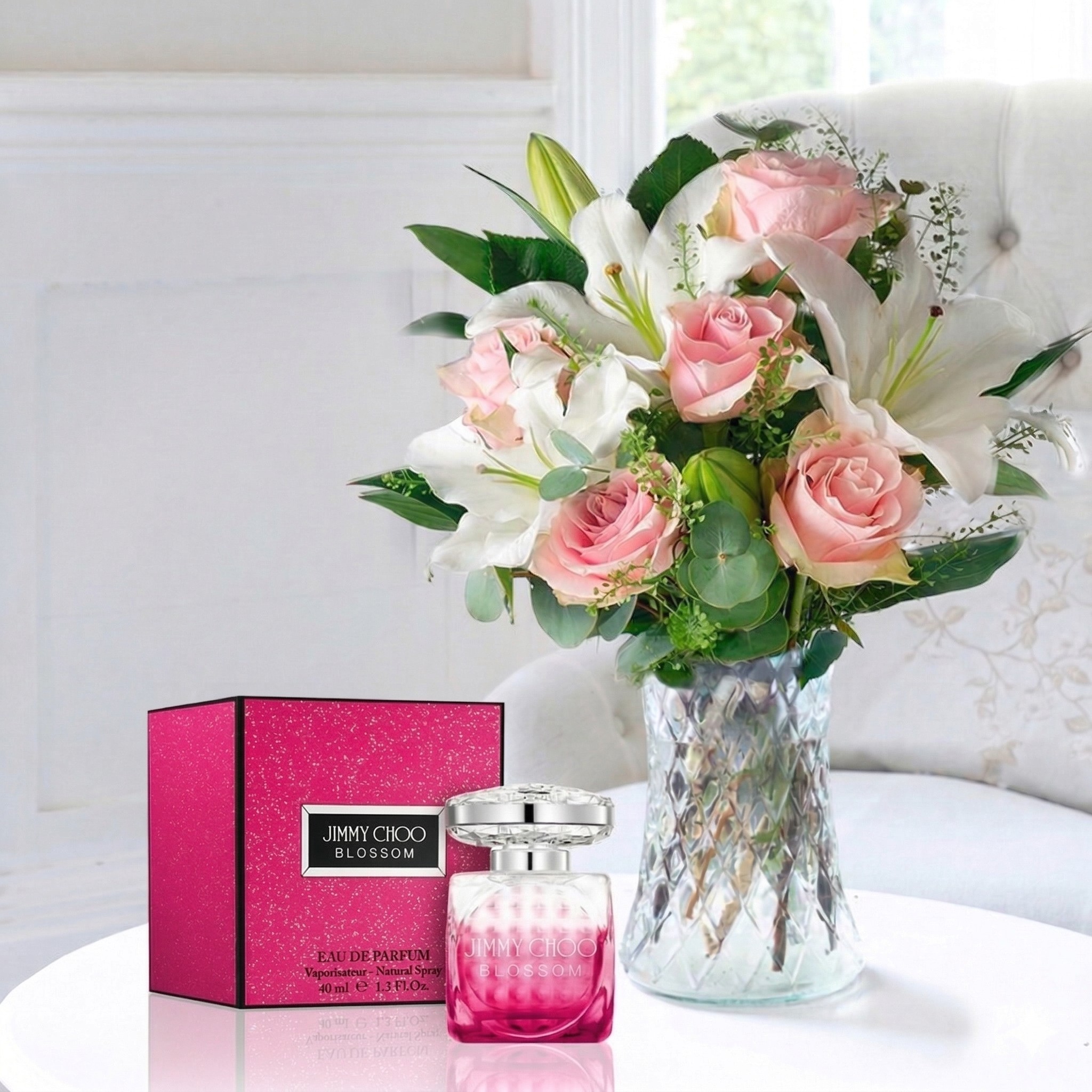 Flower Gift Set - Simply Pink Rose & Lily & Jimmy Choo Blossom Eau De Parfum - Eucalyptus & Lilies - Next Day Flower & Gift Delivery UK