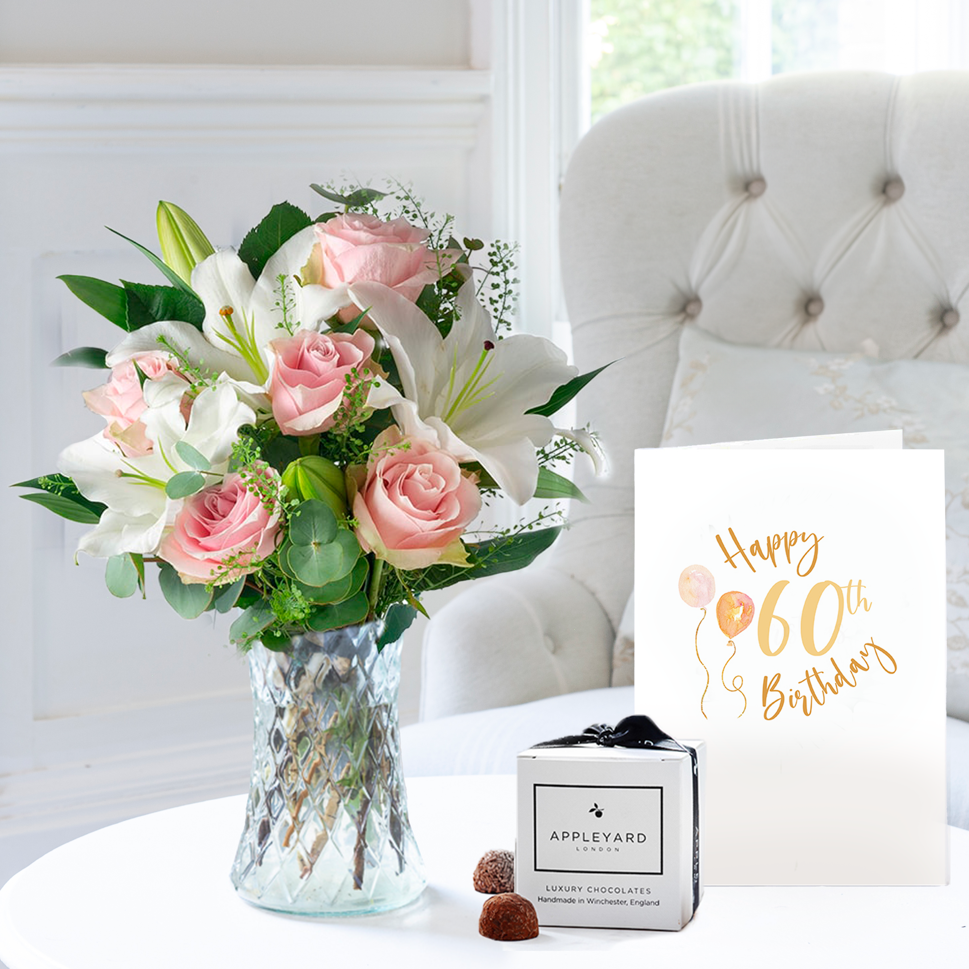 60th Birthday Gift Flower Gift Set - Simply Pink Rose & Lily, 6 Mixed Truffles & Birthday Card - Roses & Lilies - Next Day Flower & Gift Delivery UK -