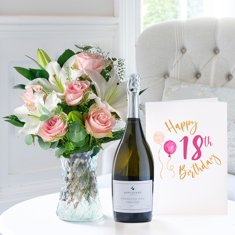 18th Birthday Gift Flower Gift Set - Simply Pink Rose & Lily, Prosecco & Birthday Card - Roses & Lilies - Next Day Flower & Gift Delivery UK -