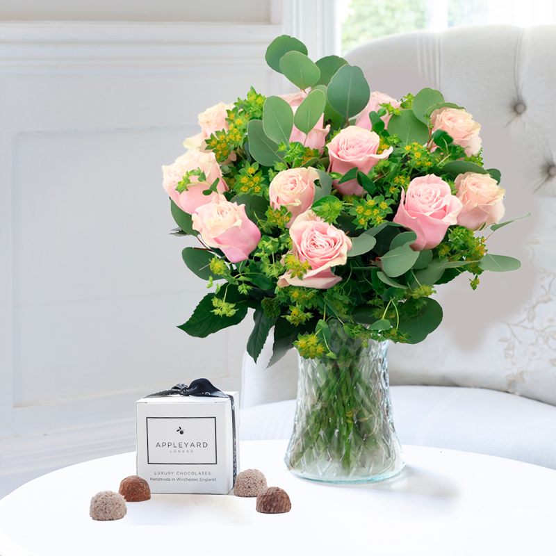 Flower Gift Set - Luxury Pink Roses & 6 Mixed Truffles - Next Day Flower & Gift Delivery UK - Appleyard London