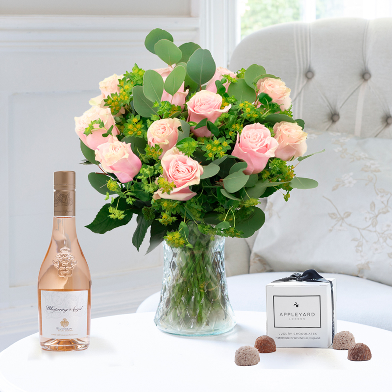 Flower Gift Set - Luxury Pink Roses, Whispering Angel Half Bottle & 6 Mixed Truffles - Next Day Flower & Gift Delivery UK - Appleyard London