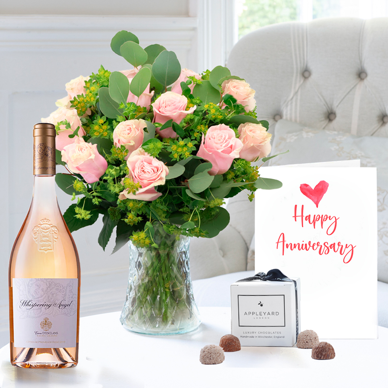 Anniversary Flower Gift Set - Luxury Pink Roses, Whispering Angel, 6 Mixed Truffles & Anniversary Card - Next Day Flower & Gift Delivery UK -