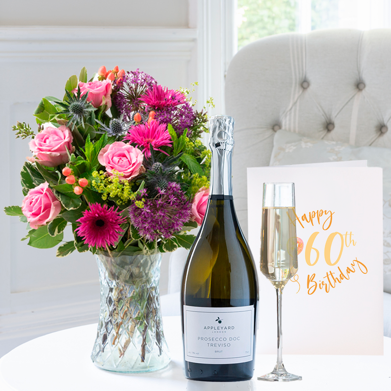 60th Birthday Gift Flower Gift Set - Strawberry Mojito, Appleyard Prosecco & Birthday Card - Lilies & Roses - Next Day Flower & Gift Delivery UK
