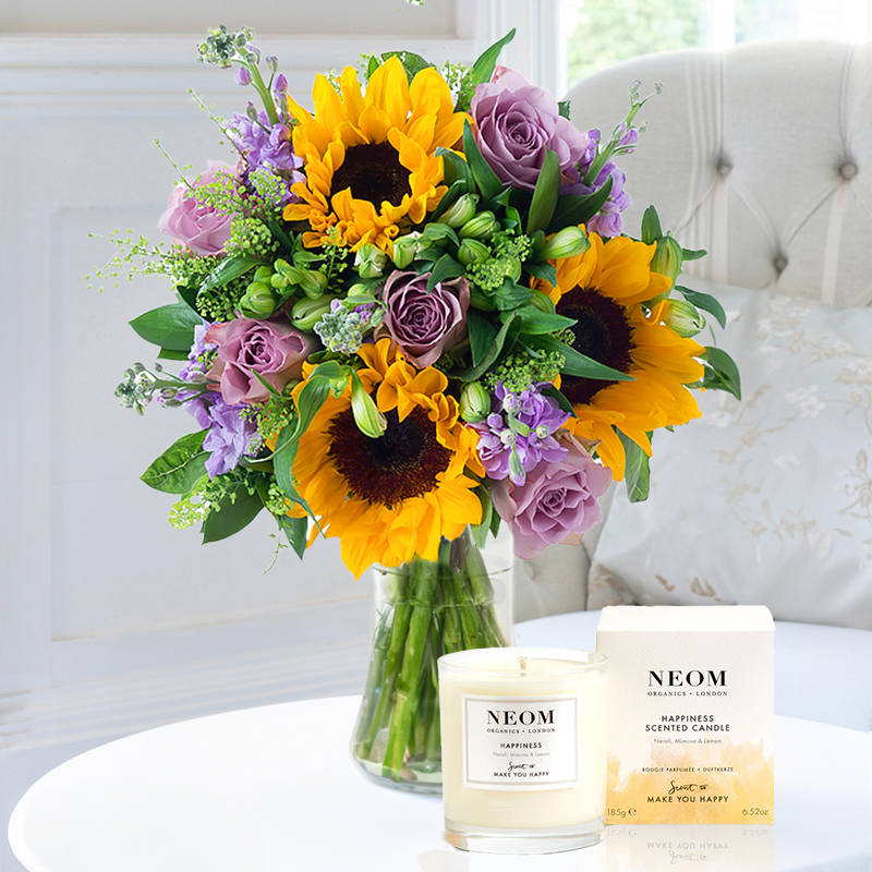 Flower Gift Set - Summer Martini & NEOM Happiness Candle - White - Alstroemeria & Roses - Next Day Flower & Gift Delivery UK - Appleyard London