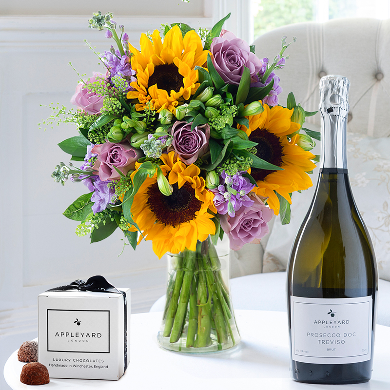 Flower Gift Set - Summer Martini, Appleyard Prosecco & 6 Mixed Truffles - White - Alstroemeria & Roses - Next Day Flower & Gift Delivery UK