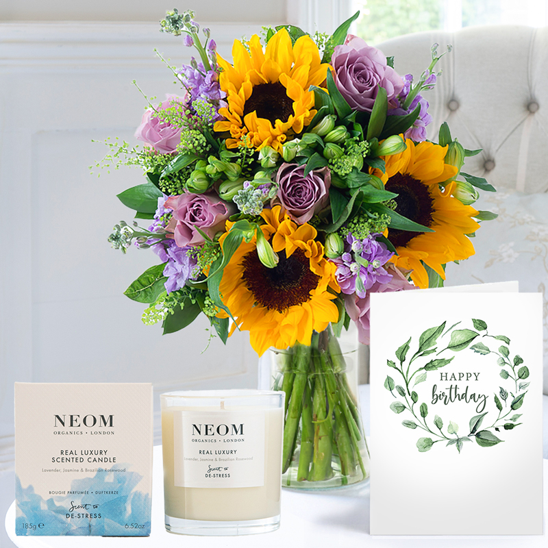Birthday Flower Gift Set - Summer Martini, NEOM Luxury Candle & Birthday Card - White - Alstroemeria & Roses - Next Day Flower & Gift Delivery UK