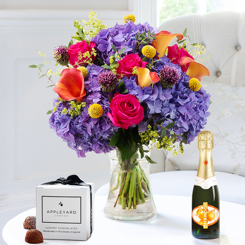 Flower Gift Set - Aurora, Mini Chandon Garden Spritz & 6 Mixed Truffles - Yellow - Lilies & Roses - Next Day Flower & Gift Delivery UK