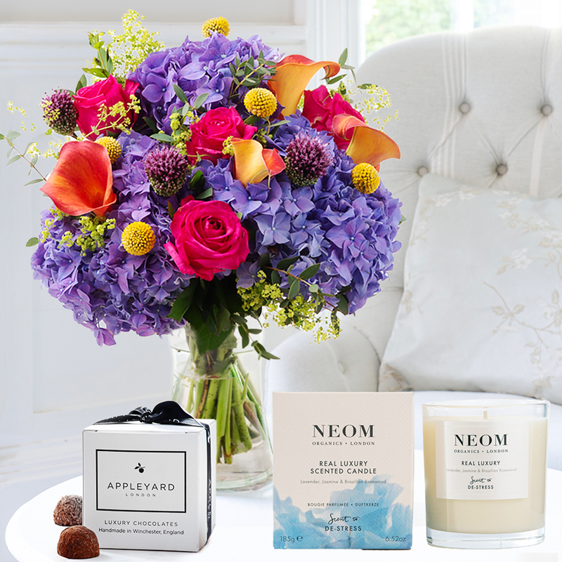 Flower Gift Set - Aurora, NEOM Luxury Candle & 6 Mixed Truffles - Yellow - Lilies & Roses - Next Day Flower & Gift Delivery UK - Appleyard