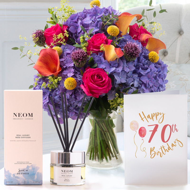 Summer Paradise, NEOM Luxury Reed Diffuser & 70th Birthday Card | Hydrangea & Lilies with Champagne| Gifts to Truly Wow | Next Day Gifts Delivery -