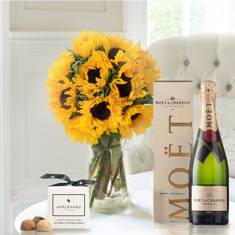 Flower Gift Set - Summer Sunflowers, Moët & Chandon & 6 Mixed Truffles - Sunflowers - Next Day Flower & Gift Delivery UK - Appleyard London