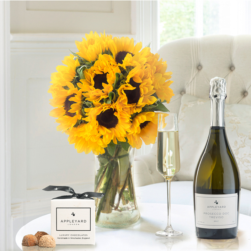 Flower Gift Set - Summer Sunflowers, Prosecco & 6 Mixed Truffles - Sunflowers - Next Day Flower & Gift Delivery UK - Appleyard London
