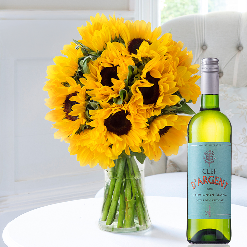Flower Gift Set - Summer Sunflowers, Vase & Clef D'argent Wine - Sunflowers - Next Day Flower & Gift Delivery UK - Appleyard London
